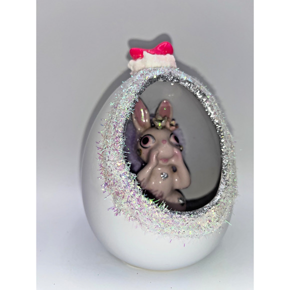 Vintage Ceramic Diorama Egg Pink Rhinestone Bunny Deb O. Original Designs OOAK - Picture 5 of 16